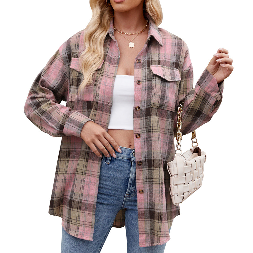 π Women's Loose-Fitting Long Checked Shirt